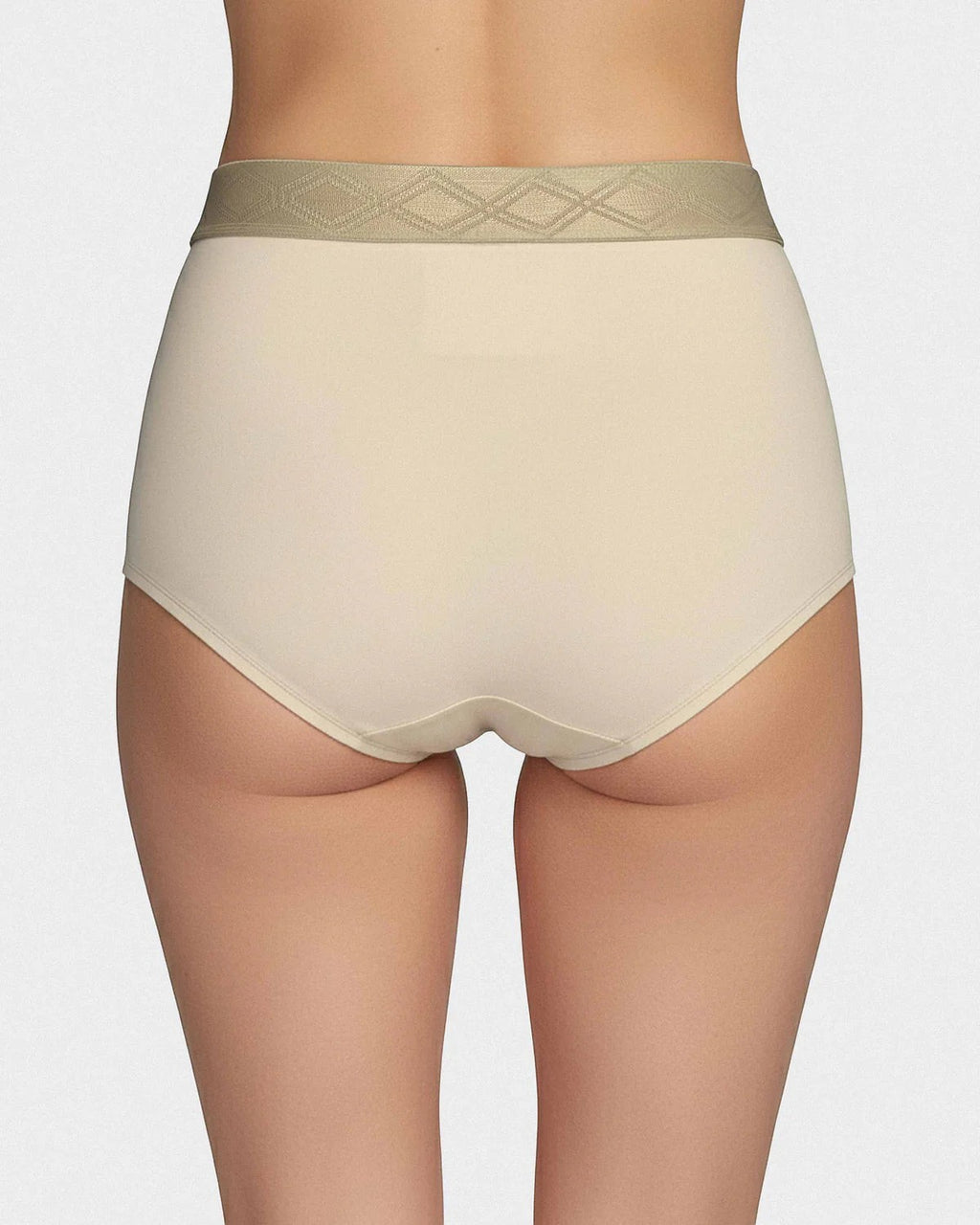 Maison Sarava women's high-waisted briefs in beige Lyocell with a decorative satin elastic waistband.
