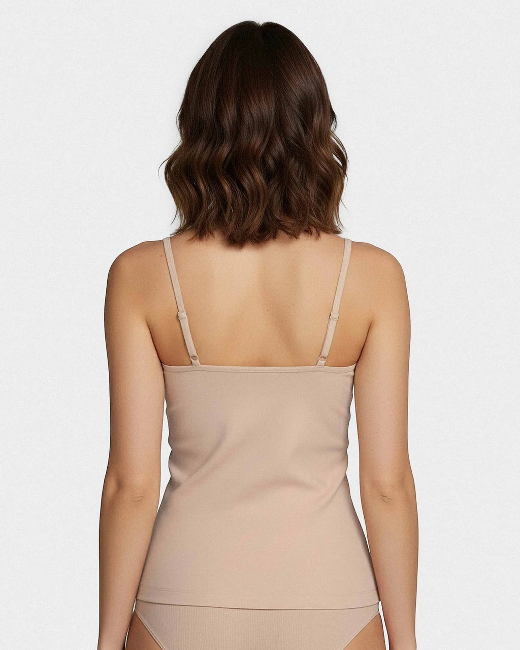 Maison Sarava women's beige TENCEL Lyocell tank top with adjustable straps and V-neck.