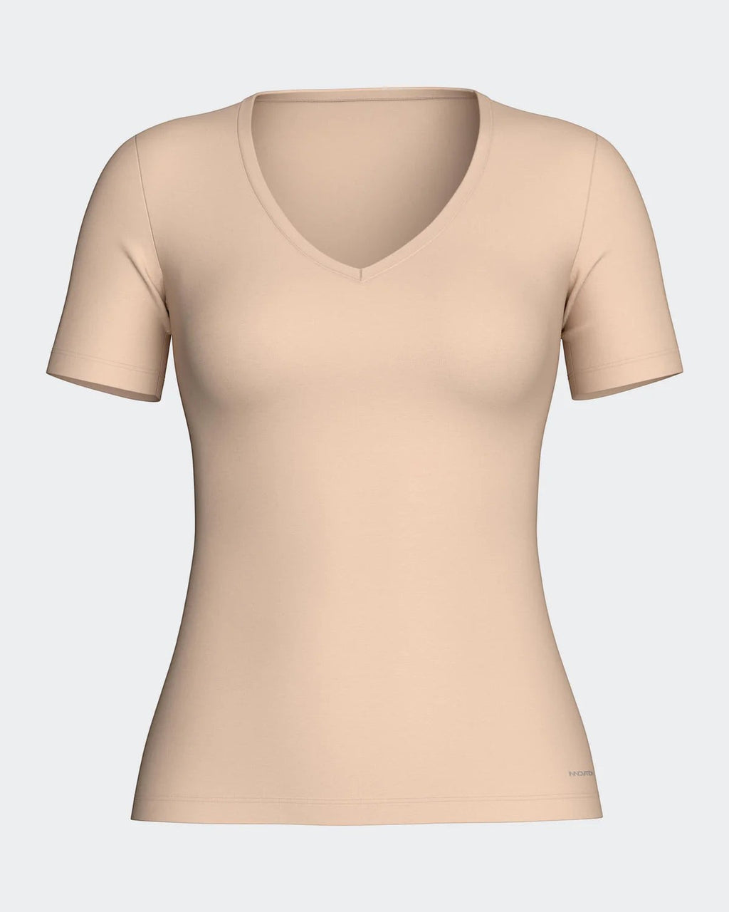 Maison Sarava women's beige V-neck t-shirt made from a cotton-viscose blend with Outlast® technology for temperature regulation.