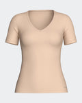 Maison Sarava women's beige V-neck t-shirt made from a cotton-viscose blend with Outlast® technology for temperature regulation.