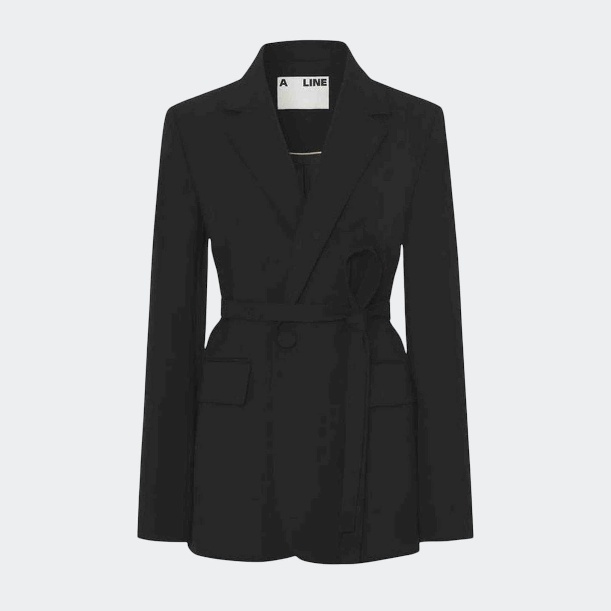 Maison Sarava black single belted blazer with notched lapels and two front pockets. Versatile for office or evening wear.