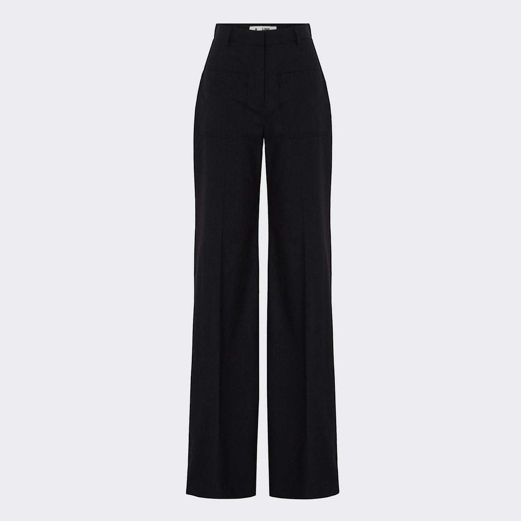 Maison Sarava black high-waist trousers with straight fit, two front patch pockets and A-design stitching on back pockets.