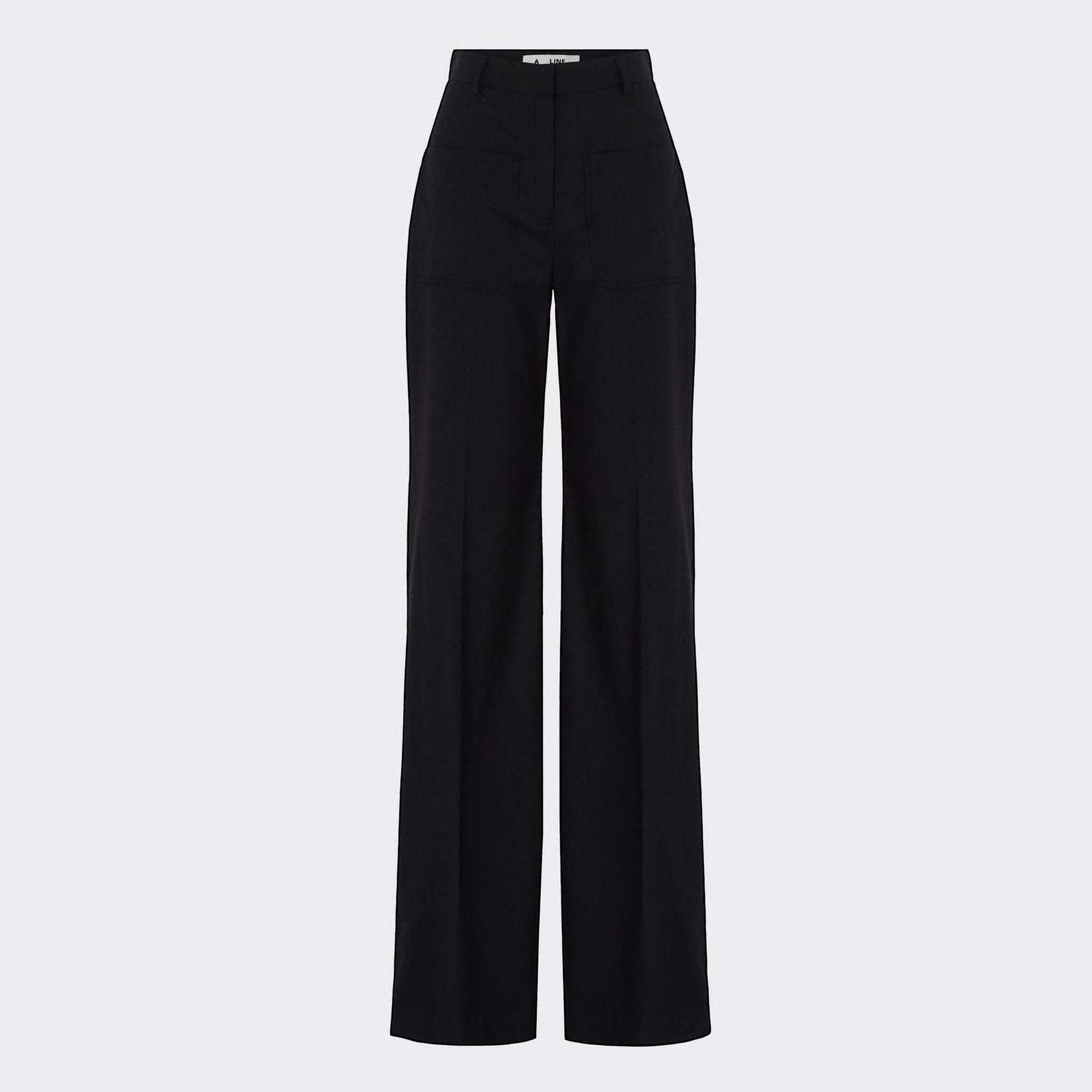 Maison Sarava black high-waist trousers with straight fit, two front patch pockets and A-design stitching detail below the knee.