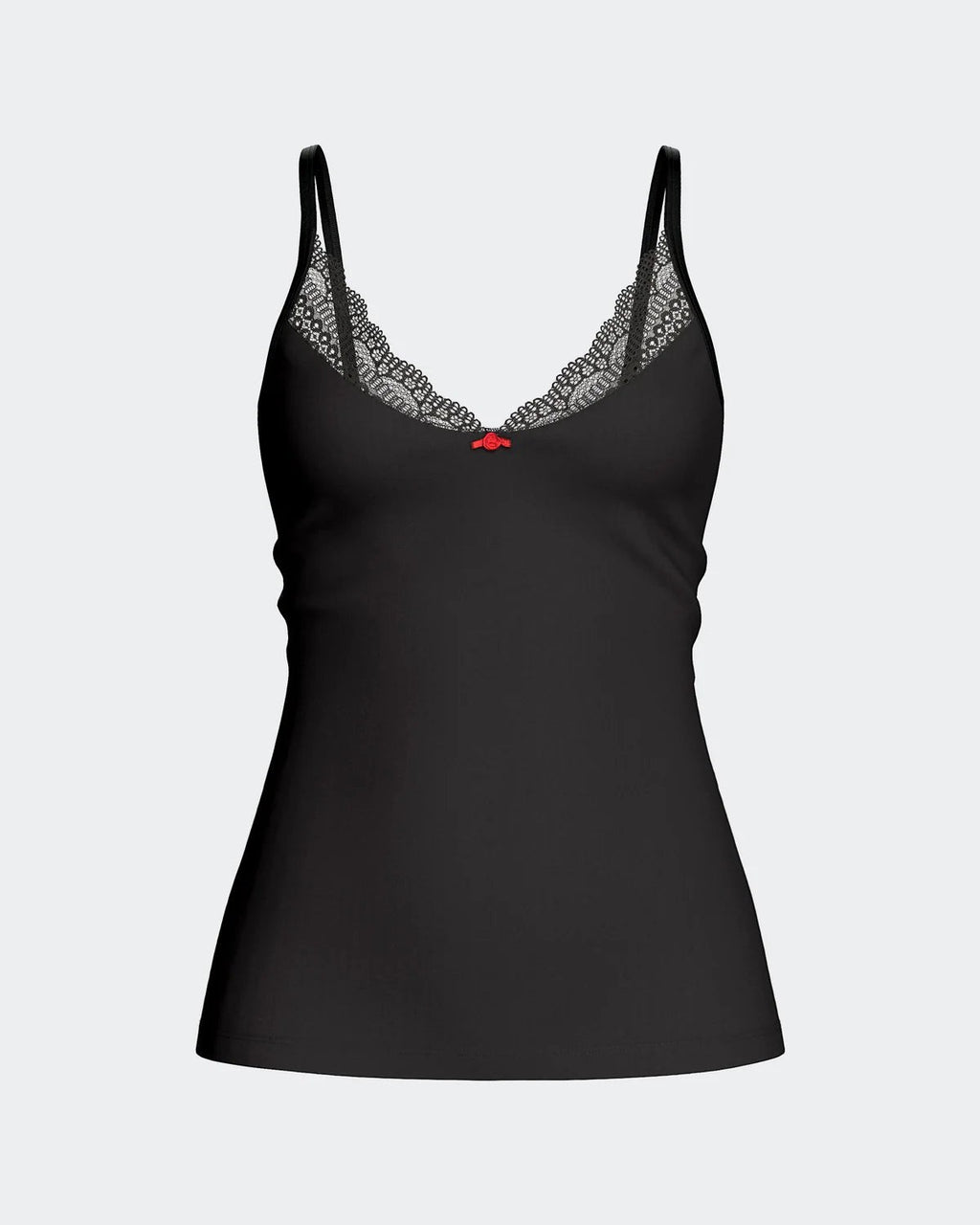 Maison Sarava black camisole with lace trim, adjustable straps, and a red bow detail. Made from TENCEL™ Lyocell.