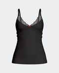 Maison Sarava black camisole with lace trim, adjustable straps, and a red bow detail. Made from TENCEL™ Lyocell.