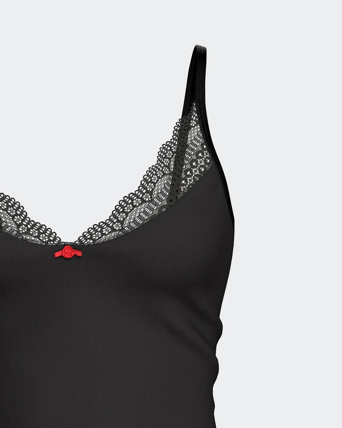 Maison Sarava black camisole with lace trim and red bow detail, made from TENCEL™ Lyocell.