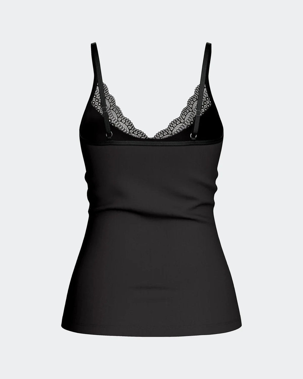 Maison Sarava black camisole with lace trim at neckline, adjustable straps, and red bow detail. Made from TENCEL™ Lyocell.