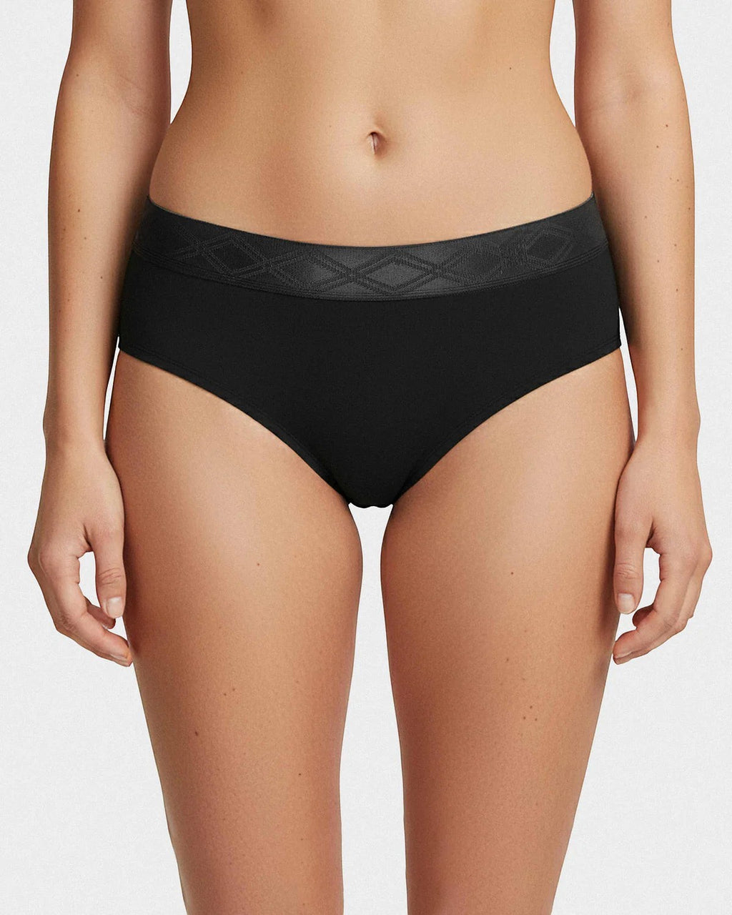 Maison Sarava black TENCEL™ Lyocell briefs with a satin elasticated waistband featuring a subtle diamond pattern.