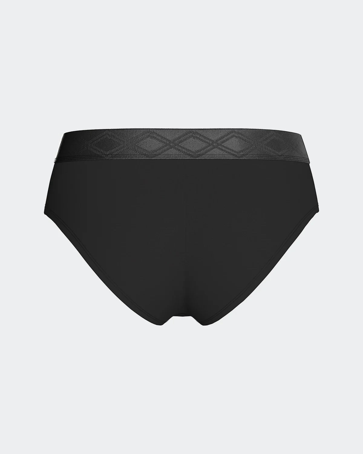 Maison Sarava black TENCEL™ Lyocell briefs with satin elasticated waistband featuring a diamond pattern.