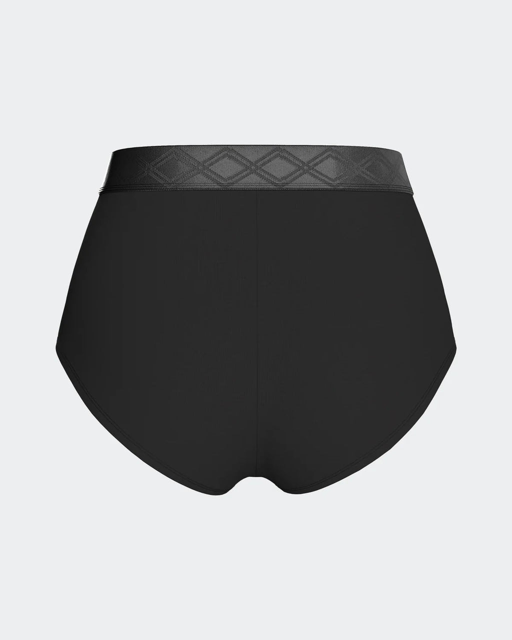 Maison Sarava black high-waisted briefs made from TENCEL™ Lyocell with a satin elastic waistband featuring a diamond pattern.