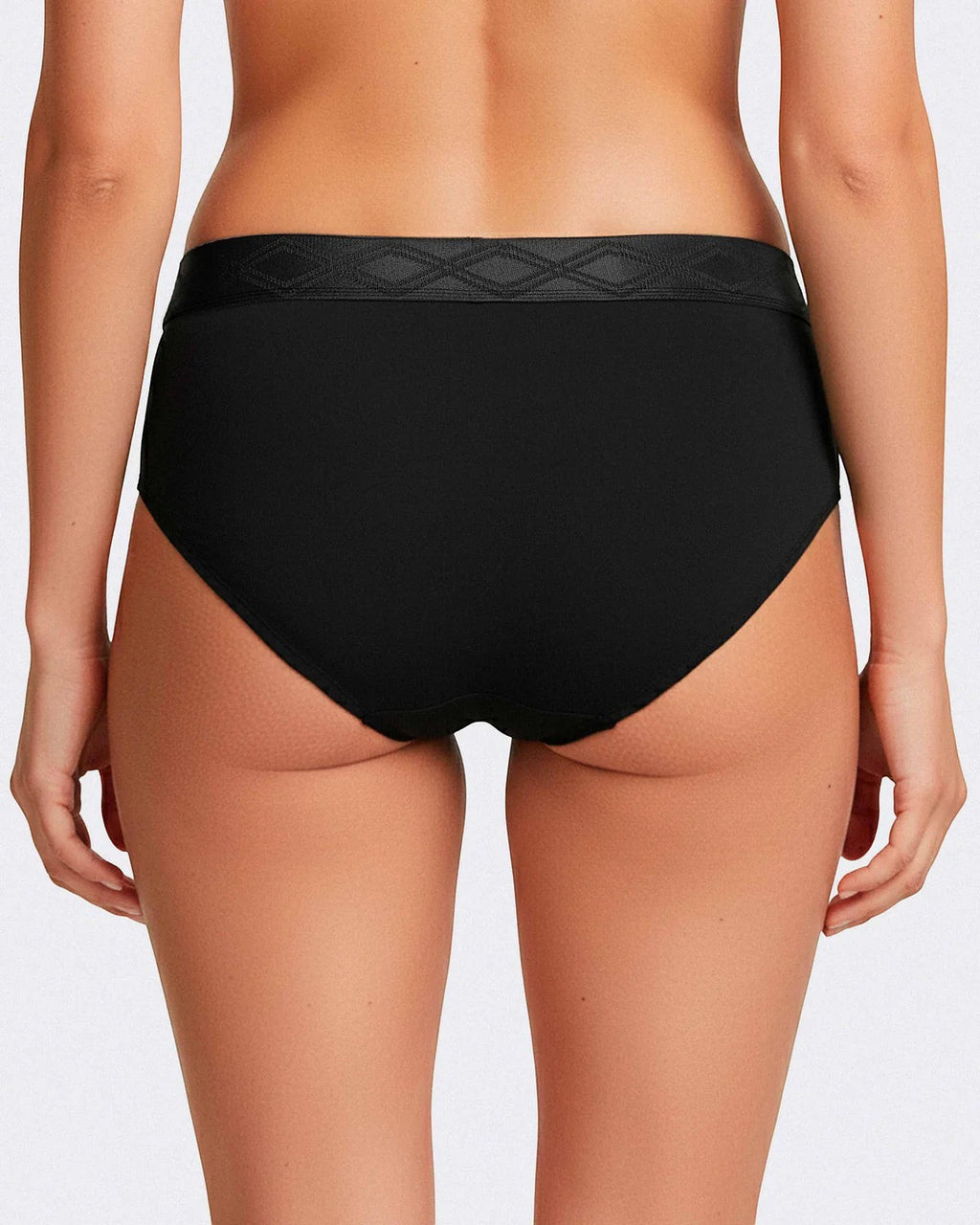 Maison Sarava black TENCEL Lyocell women's briefs with satin elasticated waistband and diamond pattern detail.