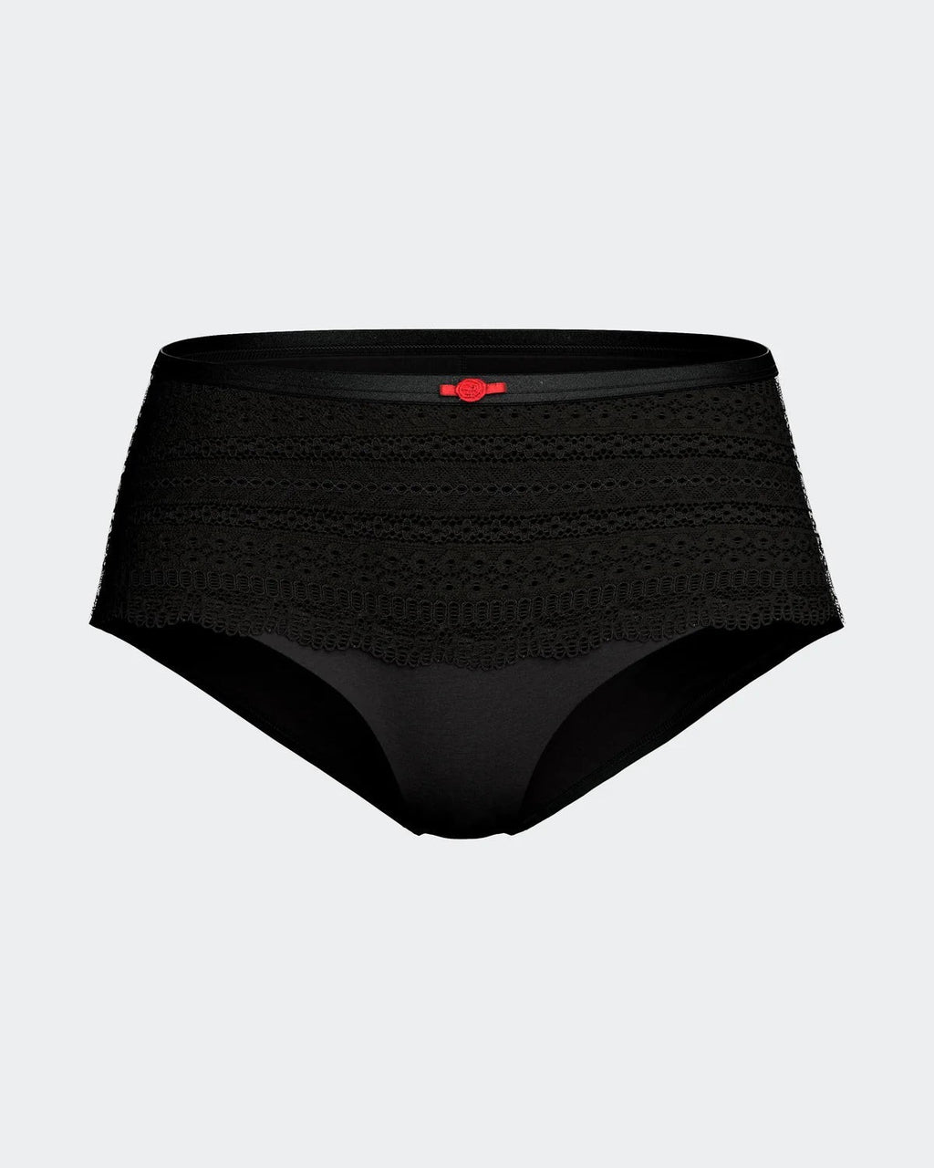 Maison Sarava black hipster brief underwear with lace trim and a small red bow detail. Made from TENCEL™ Lyocell.