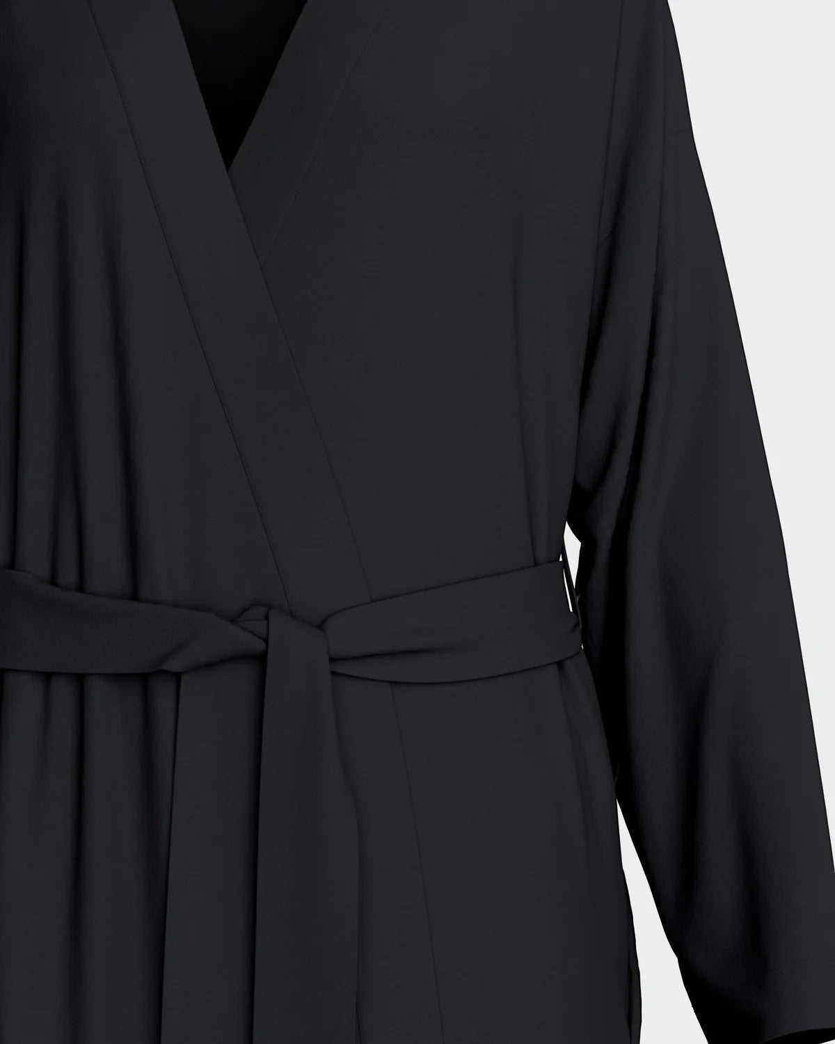Maison Sarava black TENCEL™ Lyocell kimono robe with adjustable belt and V-neck.