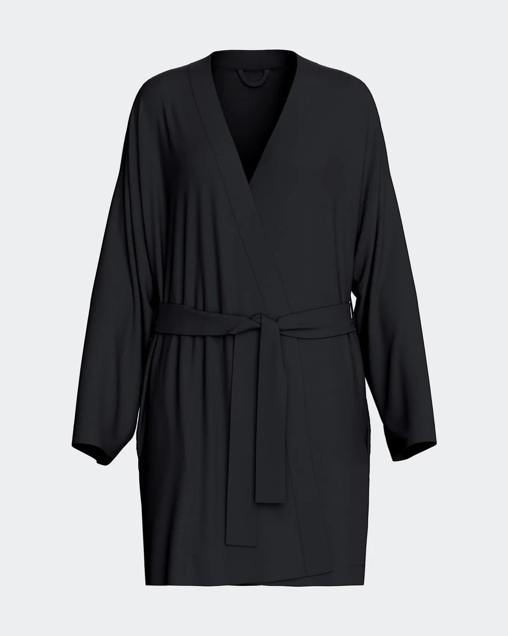 Maison Sarava black TENCEL™ Lyocell kimono robe with adjustable belt and wide sleeves.