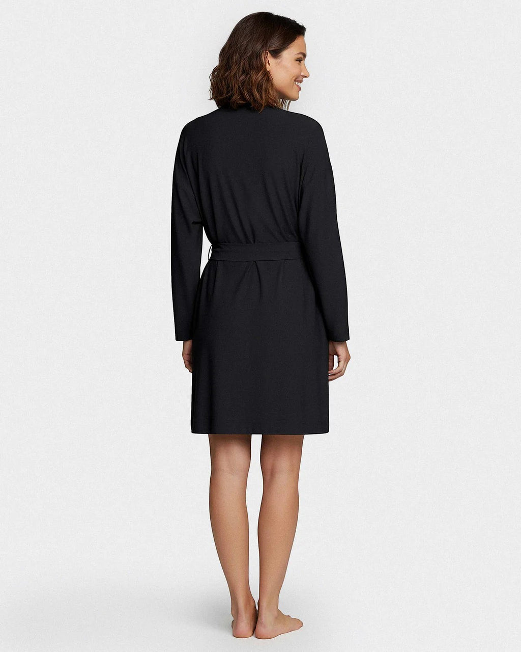 Maison Sarava black TENCEL™ Lyocell kimono robe with adjustable belt, shown from the back on a model.