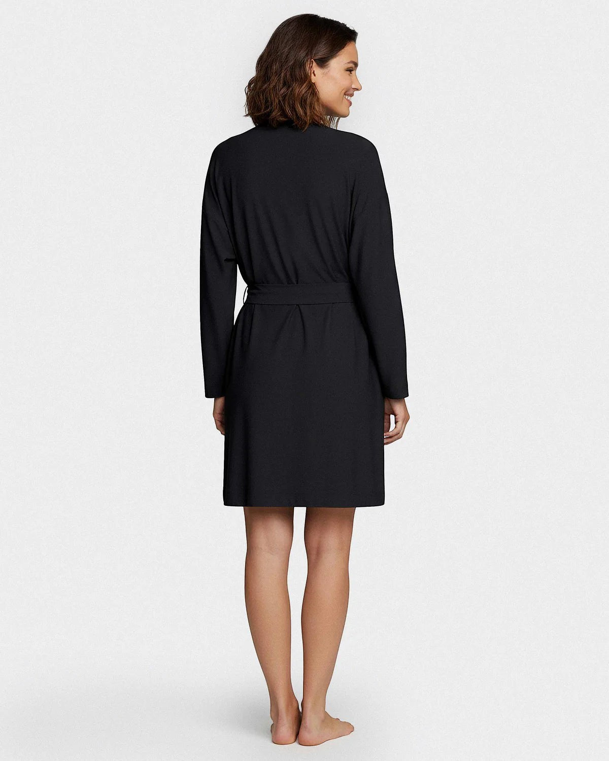 Maison Sarava black TENCEL™ Lyocell kimono robe with adjustable belt, shown from the back on a model.
