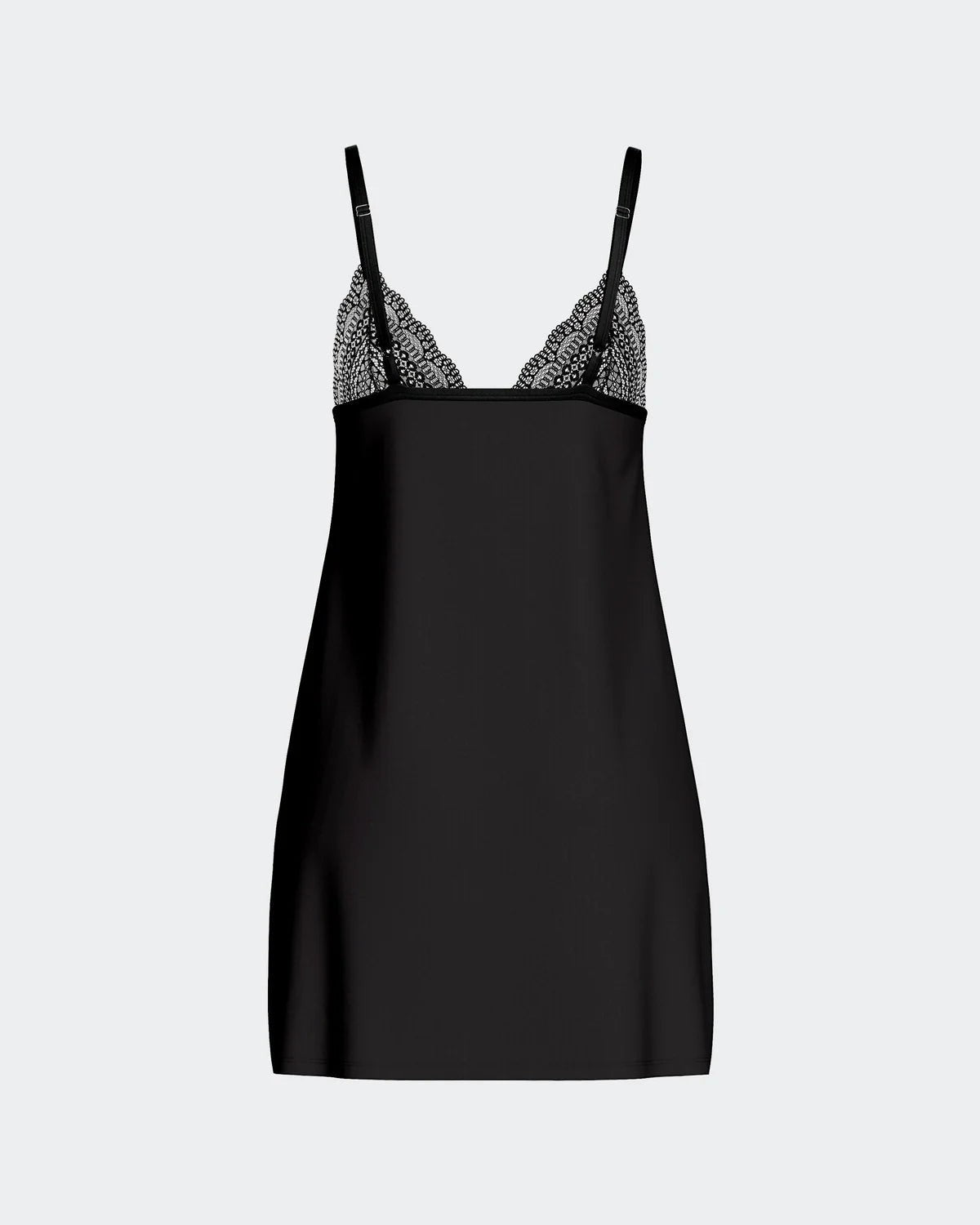 Maison Sarava black lyocell babydoll nightdress with lace trim on bust and adjustable straps.