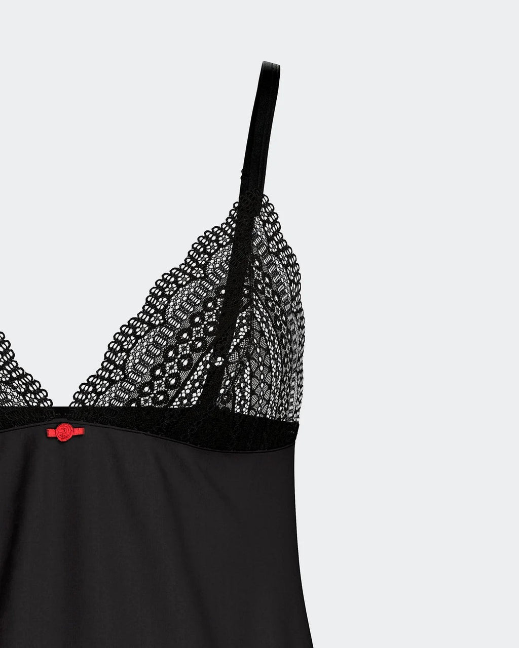 Maison Sarava black Lyocell nightdress with lace trim on bust and red bow detail.