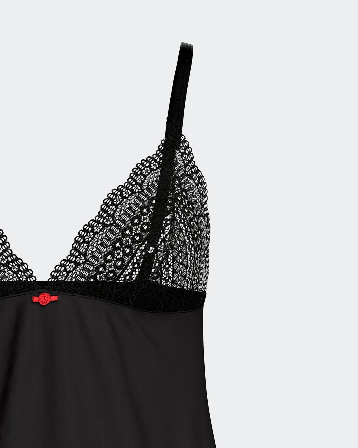 Maison Sarava black Lyocell nightdress with lace trim on bust and red bow detail.
