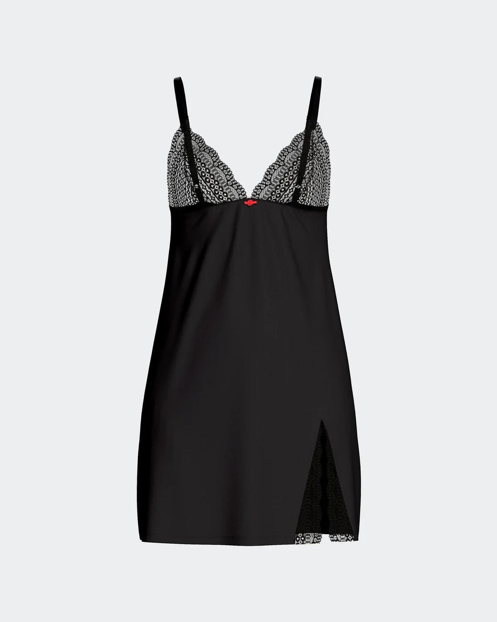 Maison Sarava black Lyocell babydoll nightdress with lace trim on bust and hem, and a red bow detail.