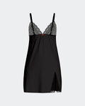 Maison Sarava black Lyocell babydoll nightdress with lace trim on bust and hem, and a red bow detail.