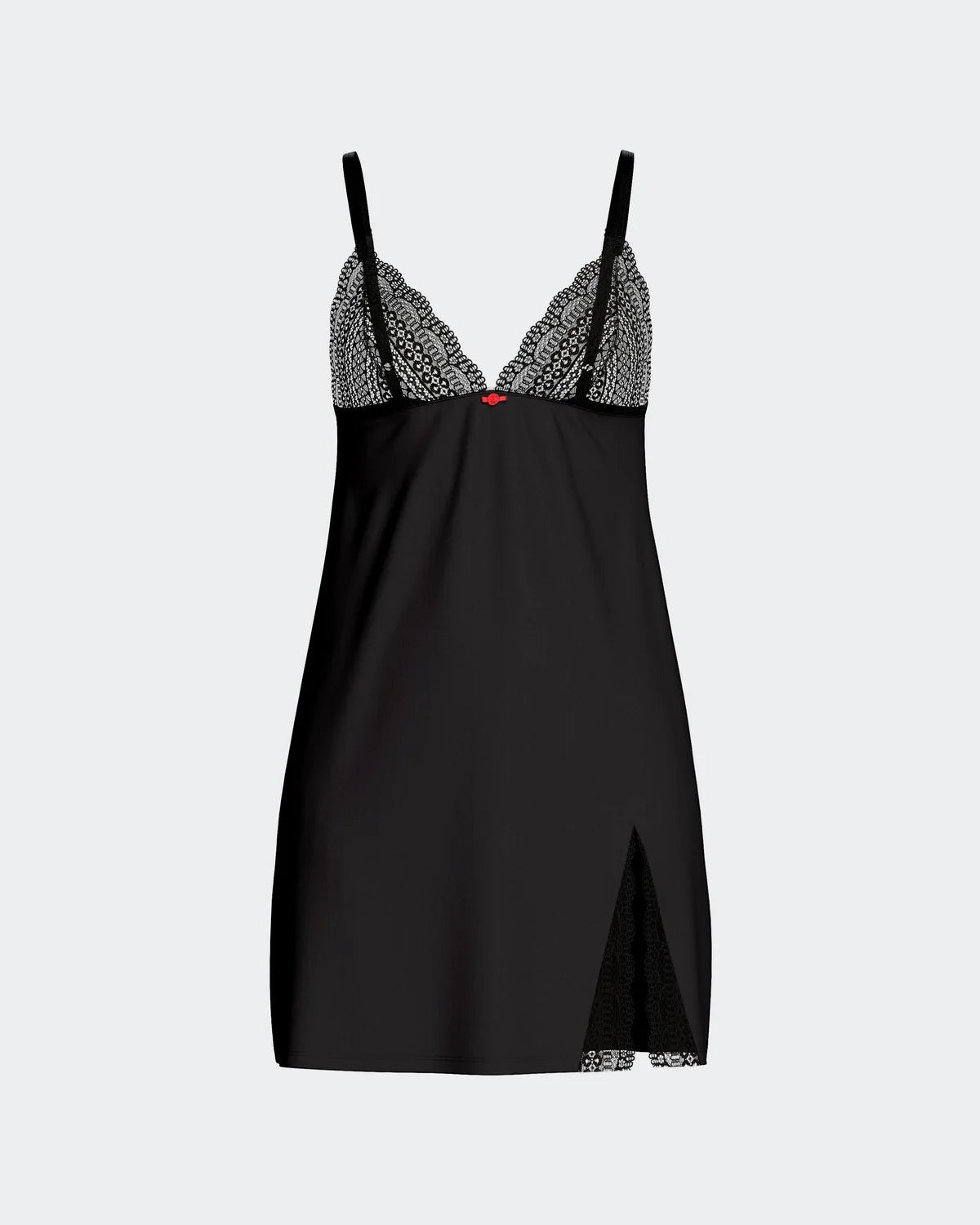 Maison Sarava black Lyocell babydoll nightdress with lace trim on bust and hem, and a red bow detail.
