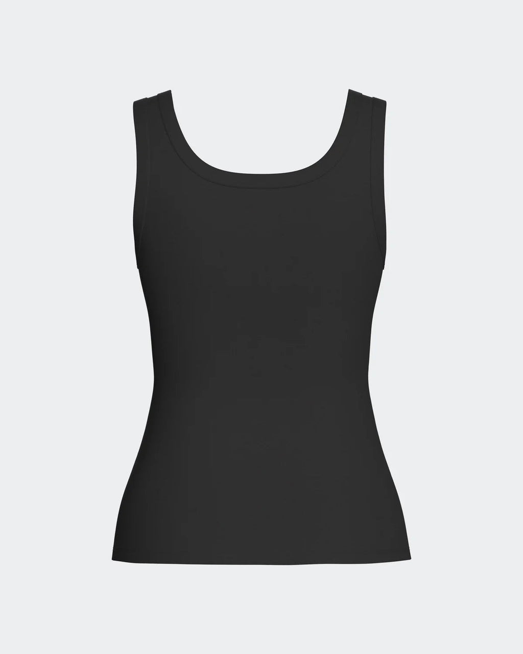 Maison Sarava black lyocell tank top with wide straps and discreet ribbed logo detail. Sustainable and breathable.