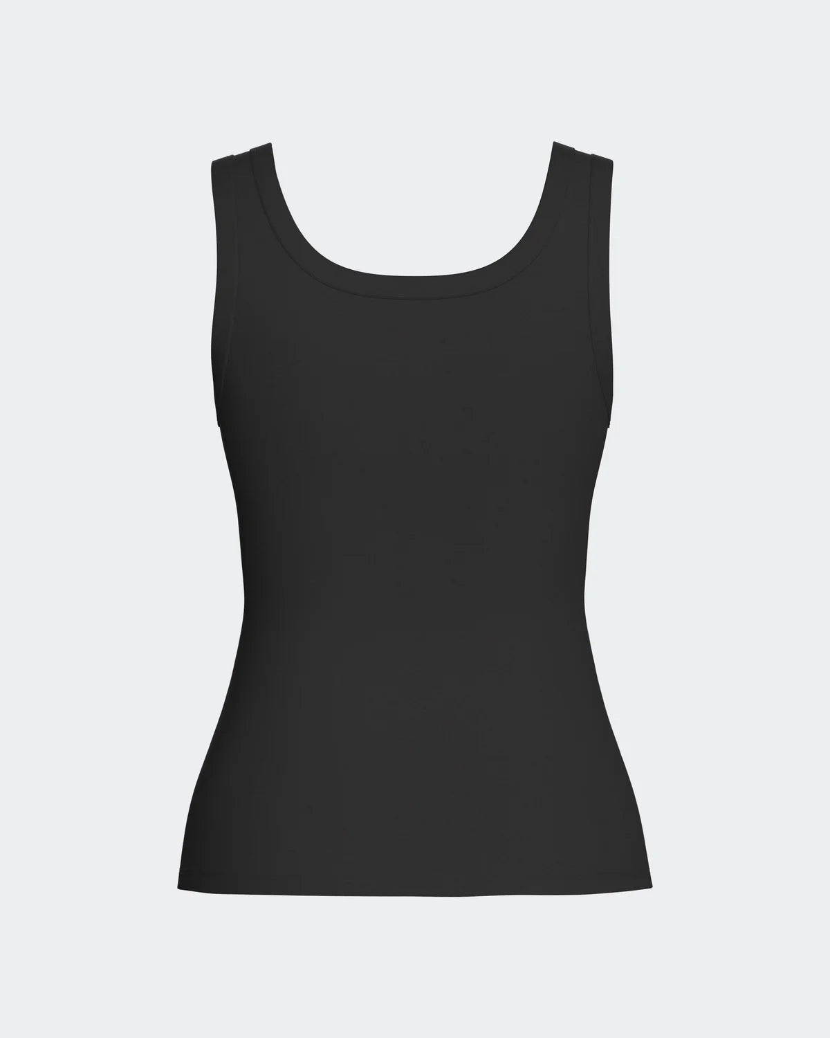 Maison Sarava black lyocell tank top with wide straps and discreet ribbed logo detail. Sustainable and breathable.