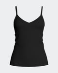 Maison Sarava black V-neck tank top with adjustable straps, made from TENCEL Lyocell.