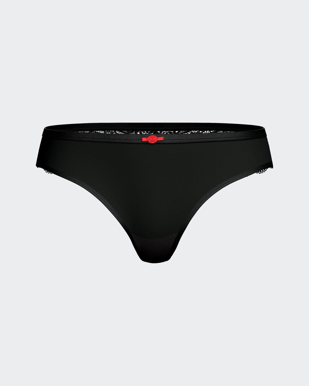 Maison Sarava black Lyocell thong with lace trim and red bow detail. Lightweight, breathable, moisture-wicking.