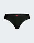 Maison Sarava black Lyocell thong with lace trim and red bow detail. Lightweight, breathable, moisture-wicking.