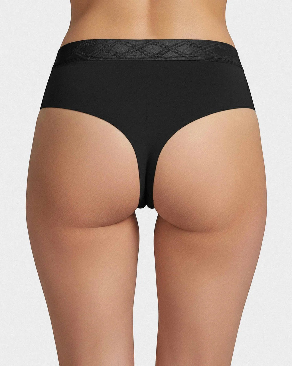 Maison Sarava black thong in Lyocell with satin elasticated waistband and diamond pattern detail.