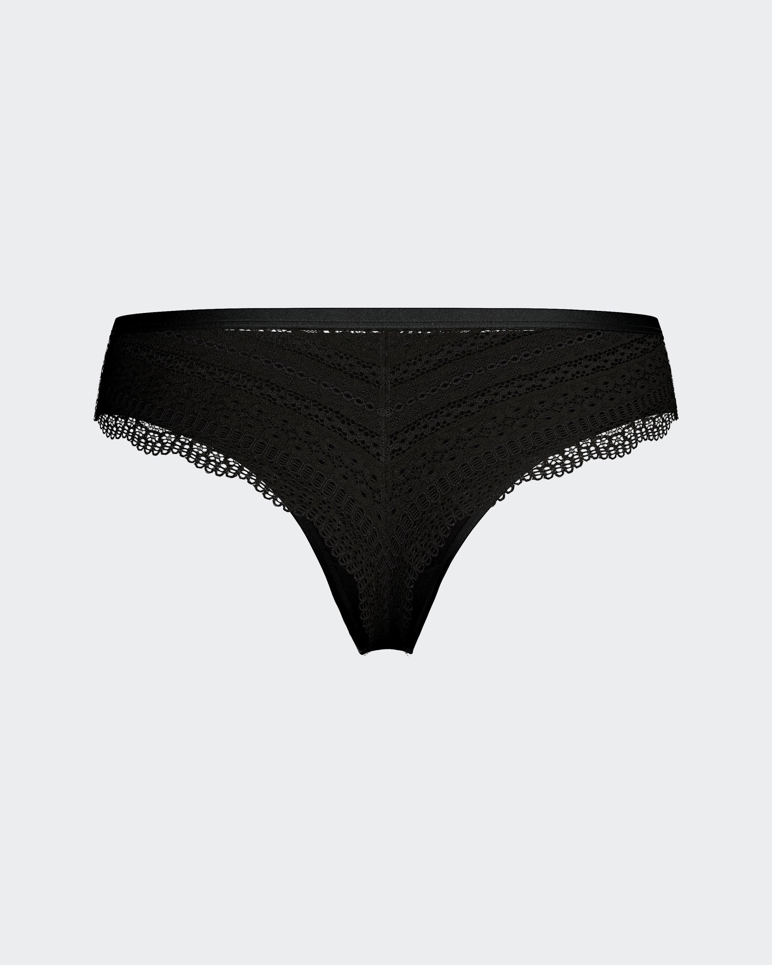 Maison Sarava black Lyocell thong with lace trim and chevron pattern detail. Lightweight, breathable, moisture-wicking fabric.