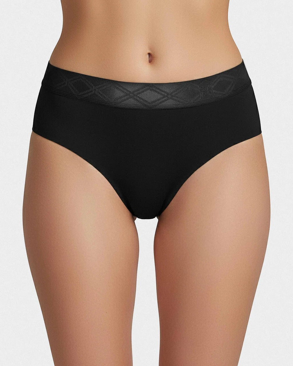 Maison Sarava black thong underwear made from soft, breathable Lyocell with a satin elasticated waistband featuring a diamond pattern.