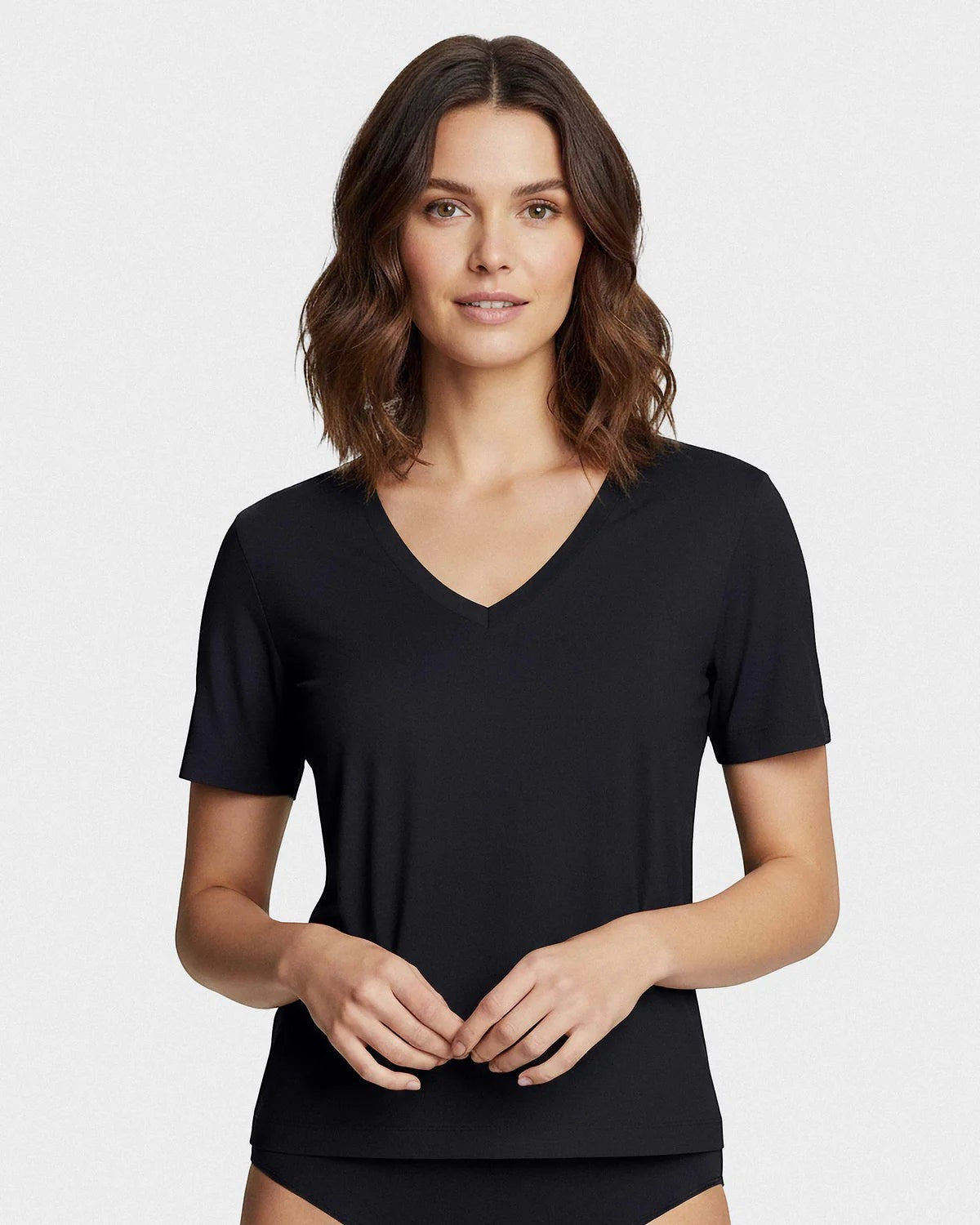 Maison Sarava women's black V-neck T-shirt made from soft TENCEL Lyocell, short sleeves, breathable and antibacterial.