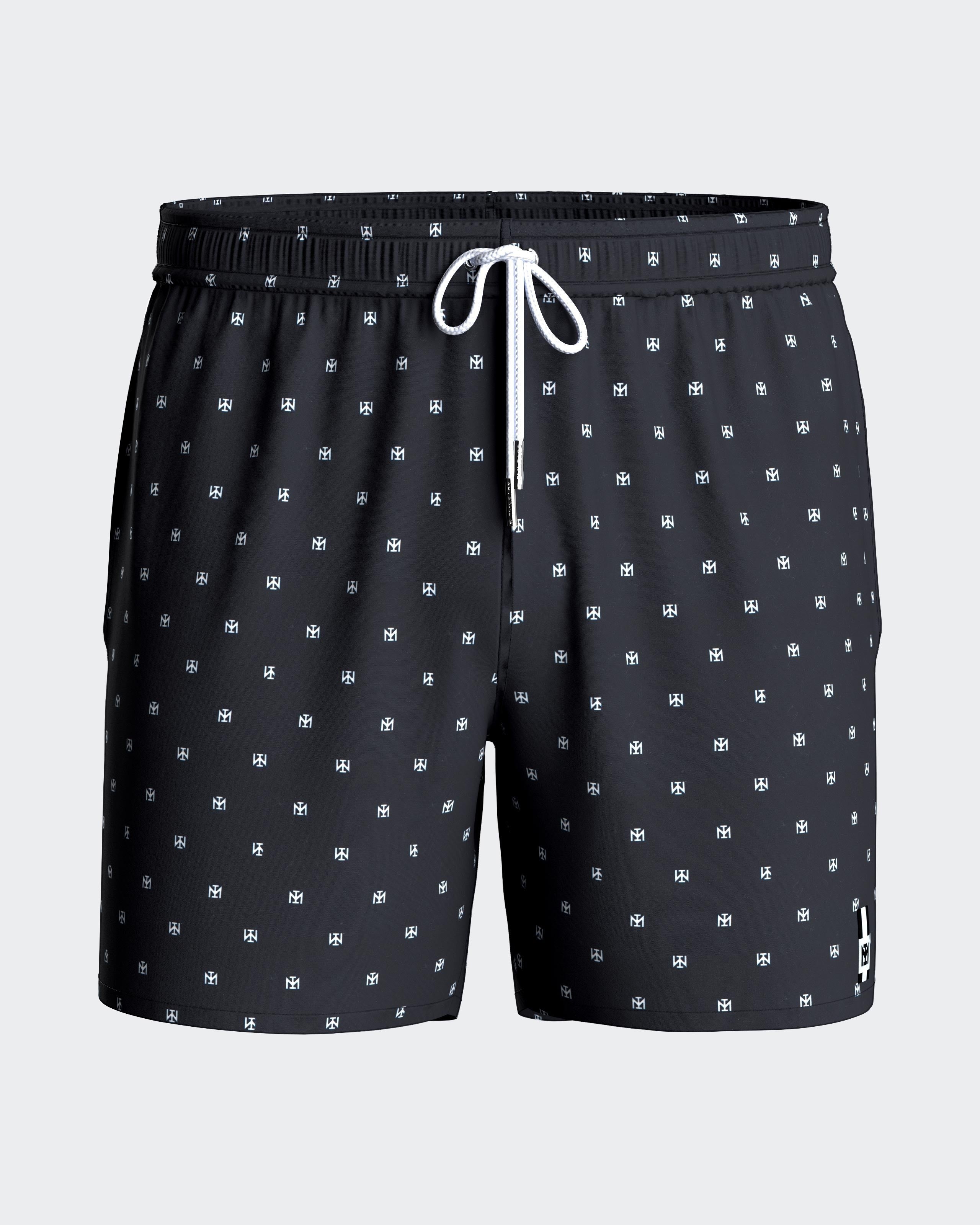 Maison Sarava black men's swim trunks with micro Impetus logo pattern, drawstring waist, side pockets, and inner mesh lining.