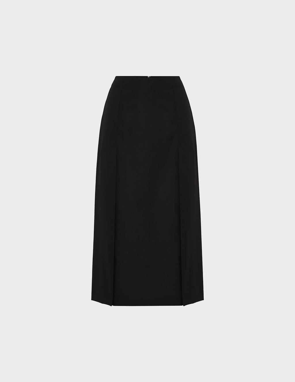 Maison Sarava black straight-fit midi skirt with double front vent and invisible back zip.