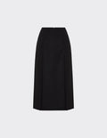 Maison Sarava black straight-fit midi skirt with double front vent and invisible back zip.