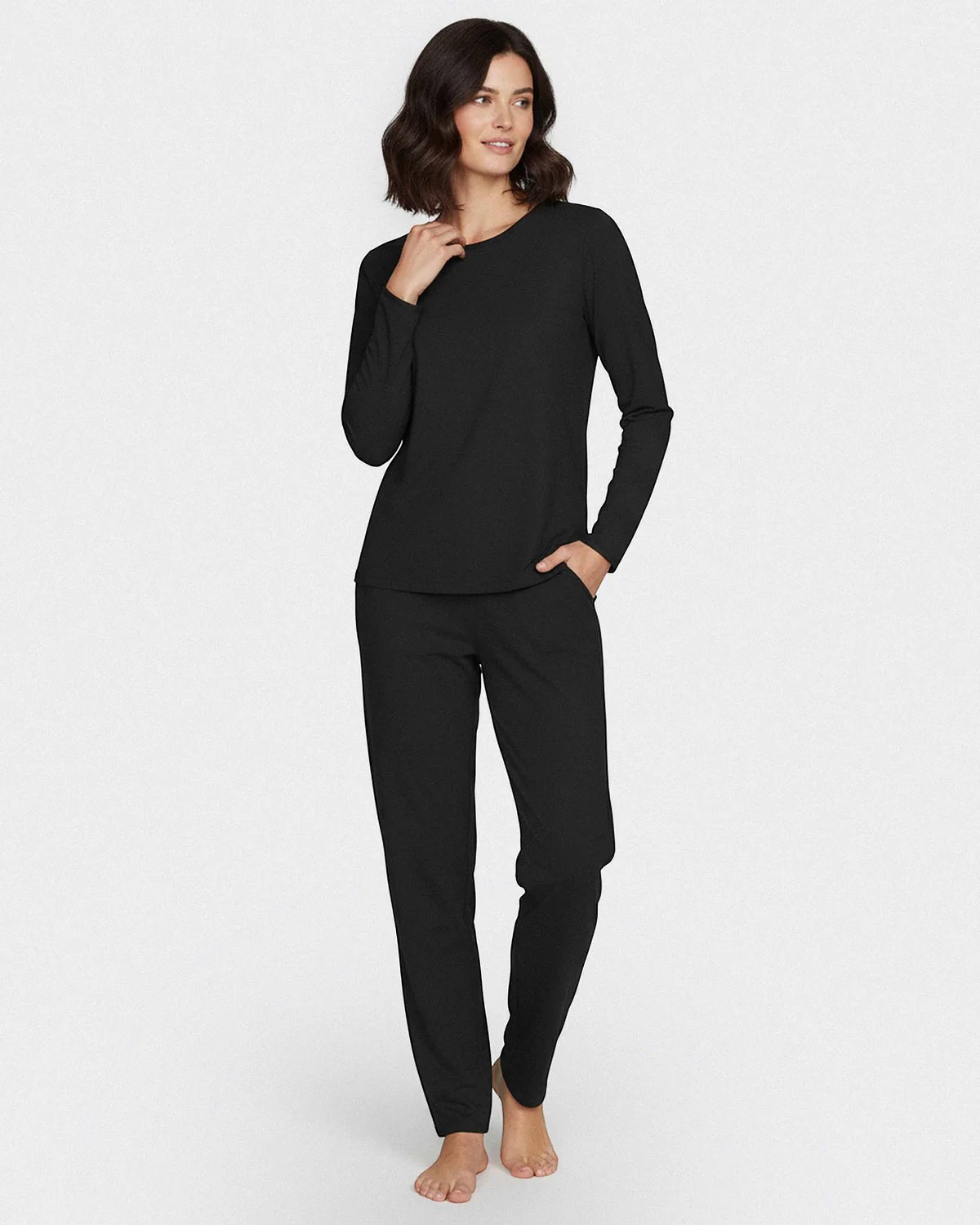 Maison Sarava black TENCEL™ Modal long sleeve lounge set with side pockets and satin waistband.