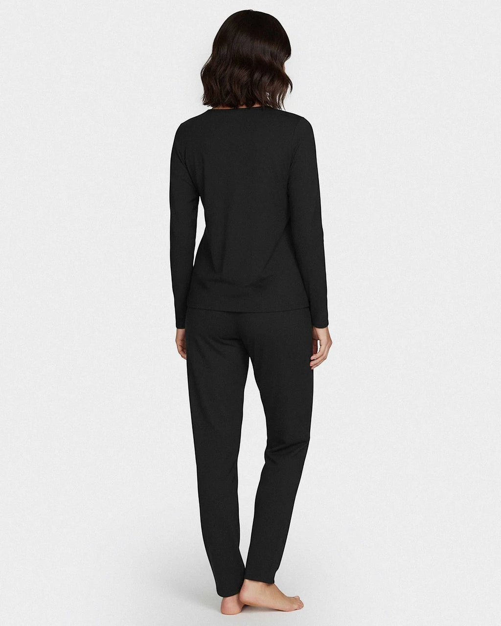 Maison Sarava black modal long sleeve lounge set with side pockets and satin elasticated waistband.