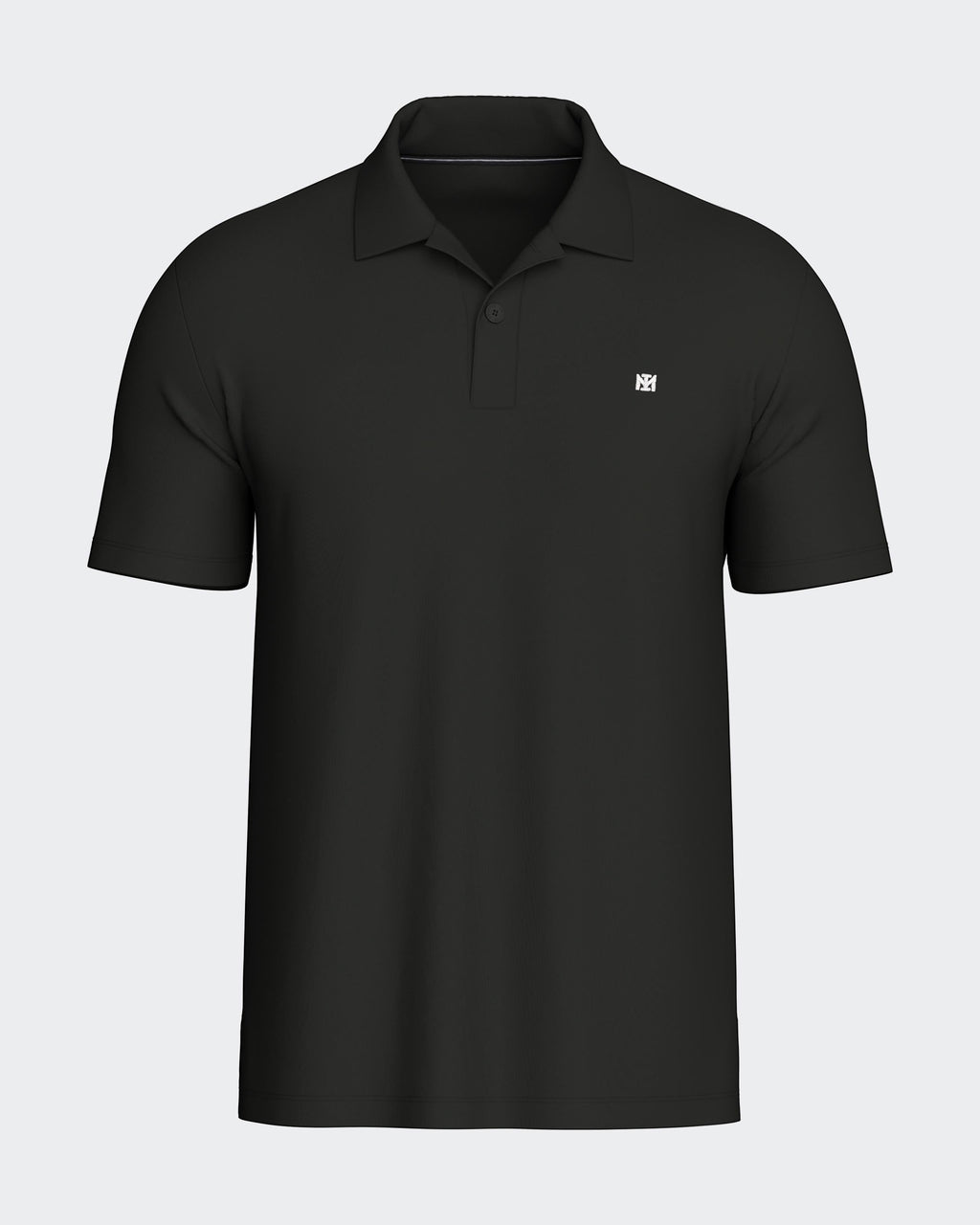Maison Sarava black short sleeve polo shirt with a subtle embroidered logo and two-button placket.