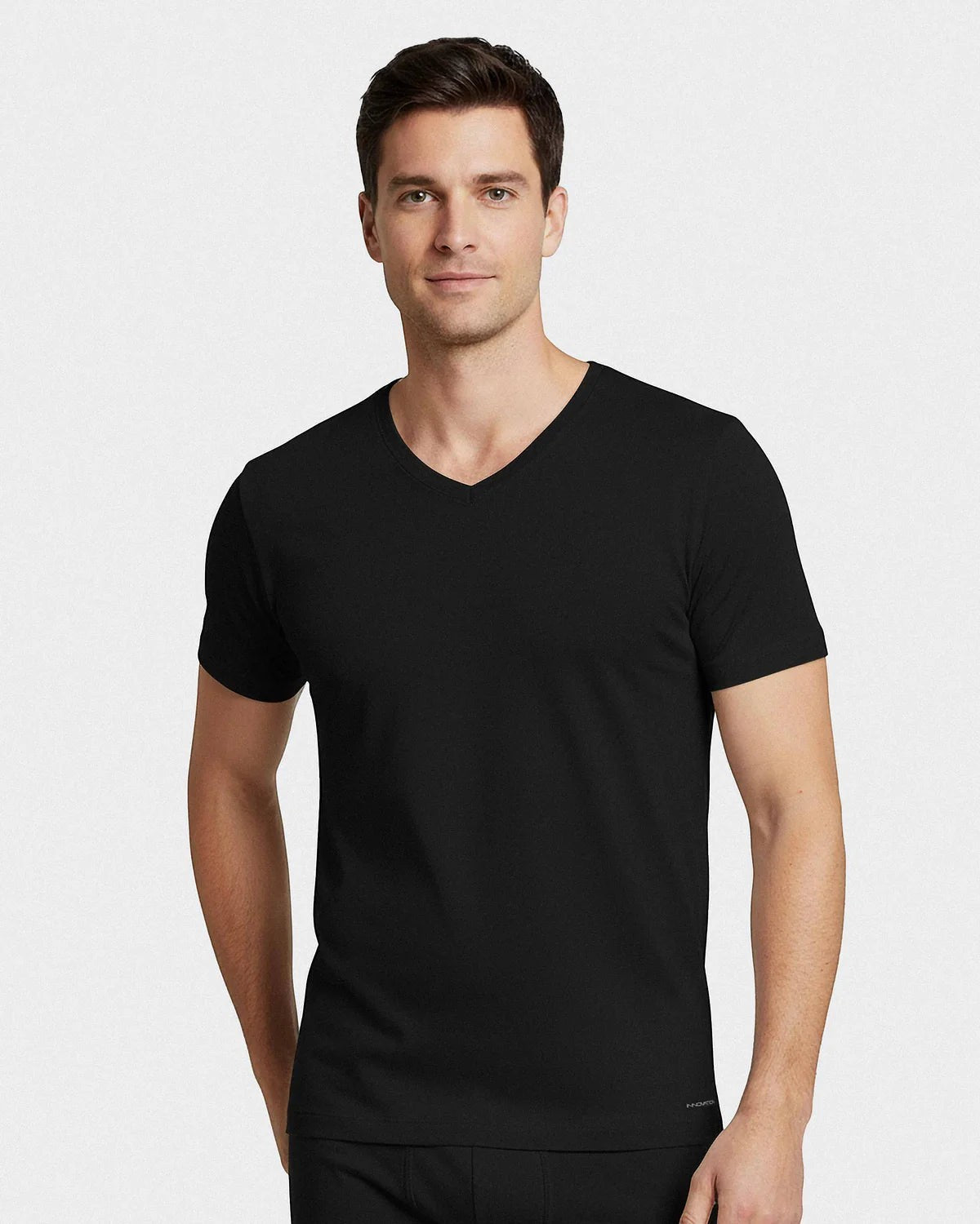 Maison Sarava black V-neck t-shirt for men, made from cotton and viscose with Outlast® Adaptive Comfort® technology for temperature regulation.