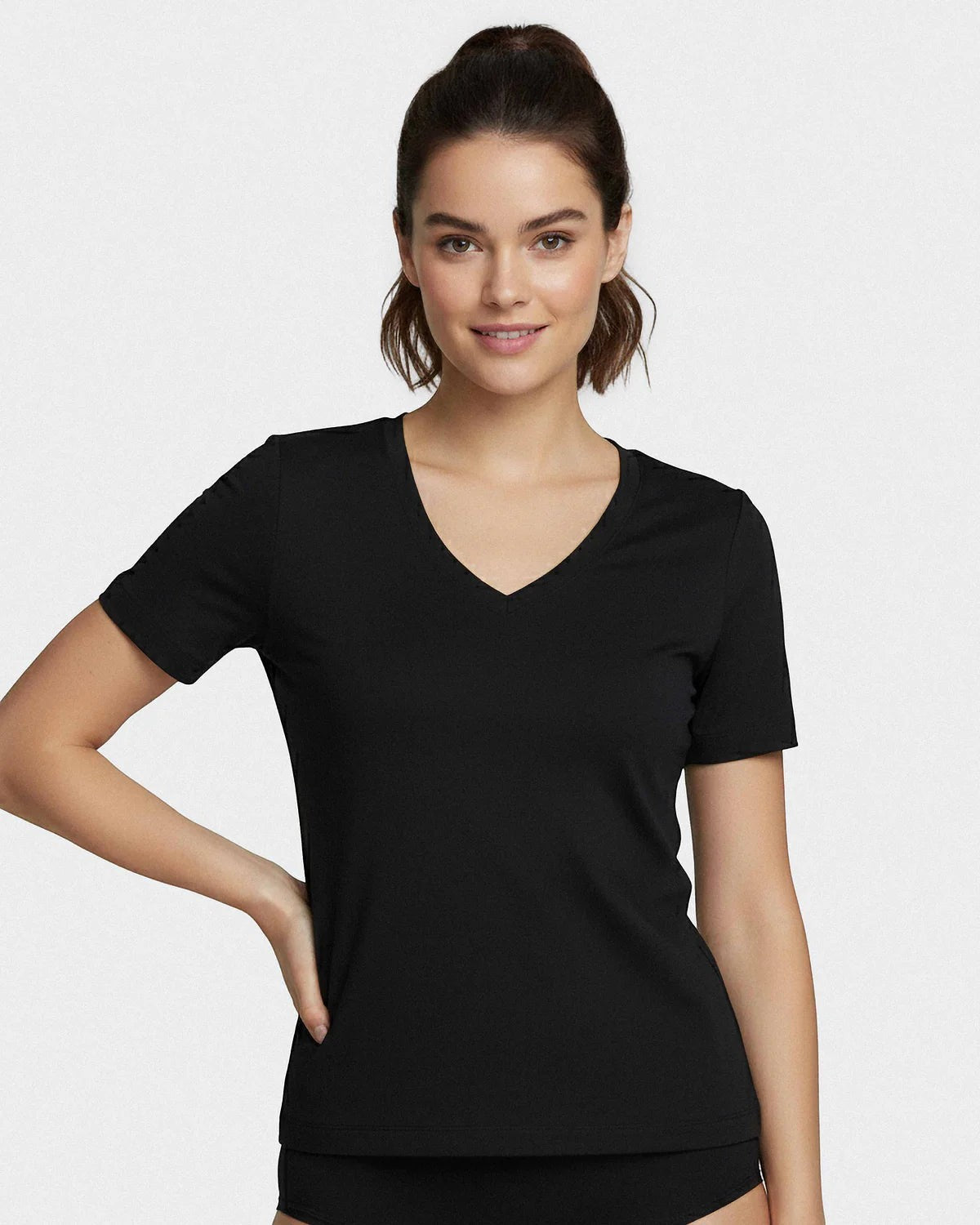 Maison Sarava women's black short-sleeved V-neck T-shirt made from TENCEL Lyocell for a soft, breathable fit.