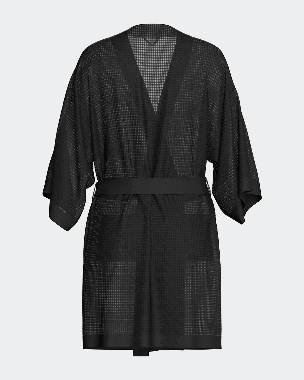 Maison Sarava black waffle knit kimono robe with wide sleeves and self-tie belt, featuring two side pockets.