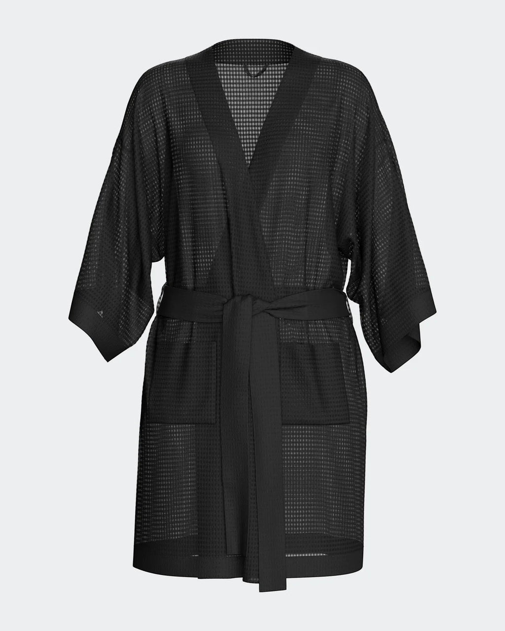 Maison Sarava black waffle knit kimono robe with wide sleeves, self-tie belt, and two side pockets.