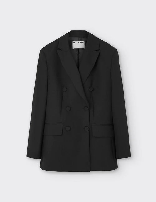 Maison Sarava women's black wool double-breasted blazer with peak lapels and two front flap pockets.