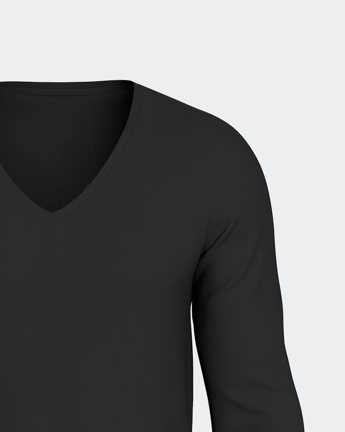 Maison Sarava black long-sleeved V-neck t-shirt made from premium Merino wool and Lyocell for thermal regulation and breathability.