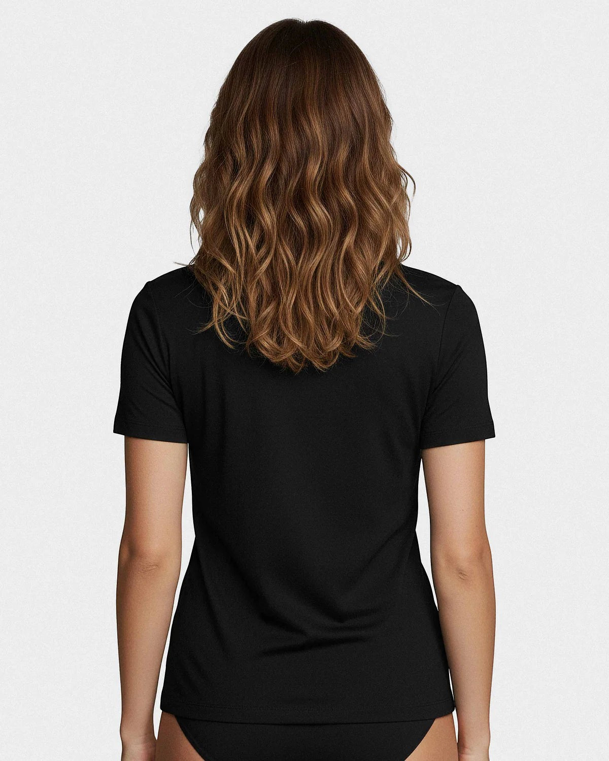 Maison Sarava black short sleeve V-neck t-shirt made from premium wool and Lyocell blend.