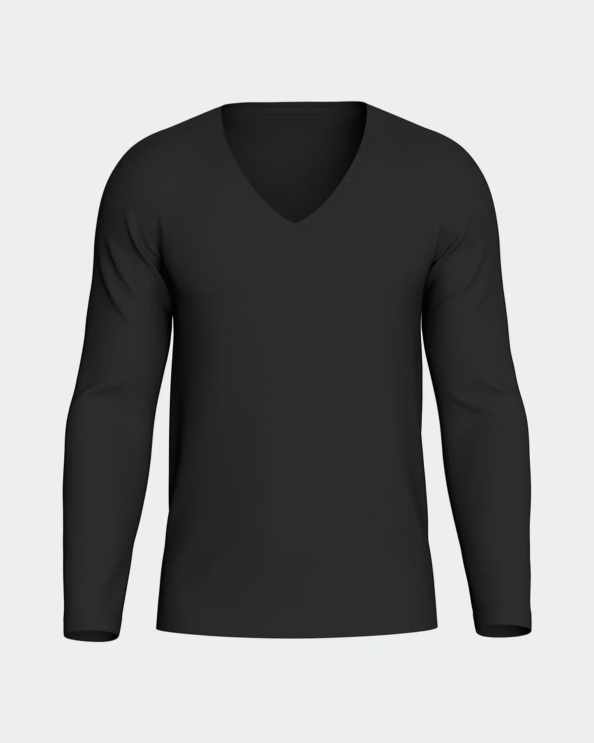 Maison Sarava men's black long-sleeved V-neck t-shirt made from premium Merino wool and Lyocell for thermal regulation and breathability.