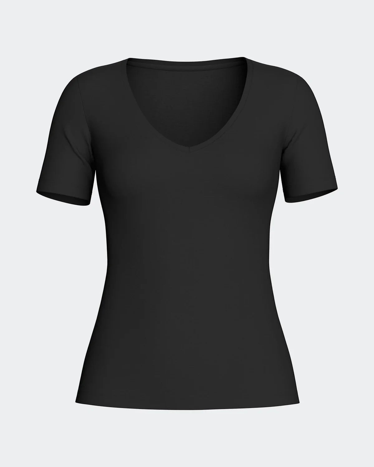 Maison Sarava black short sleeve V-neck t-shirt made from premium wool and Lyocell.